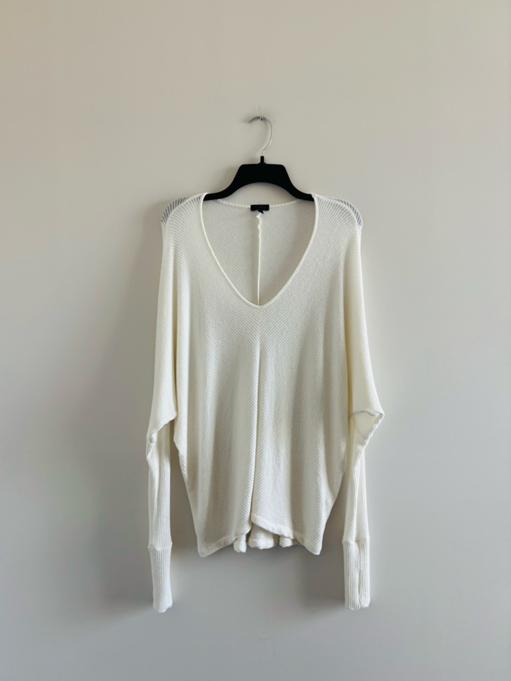 SEN Top Pullover Dolman Sleeve V Neck Ivory Modal Ribbed Knit One Size Boho USA